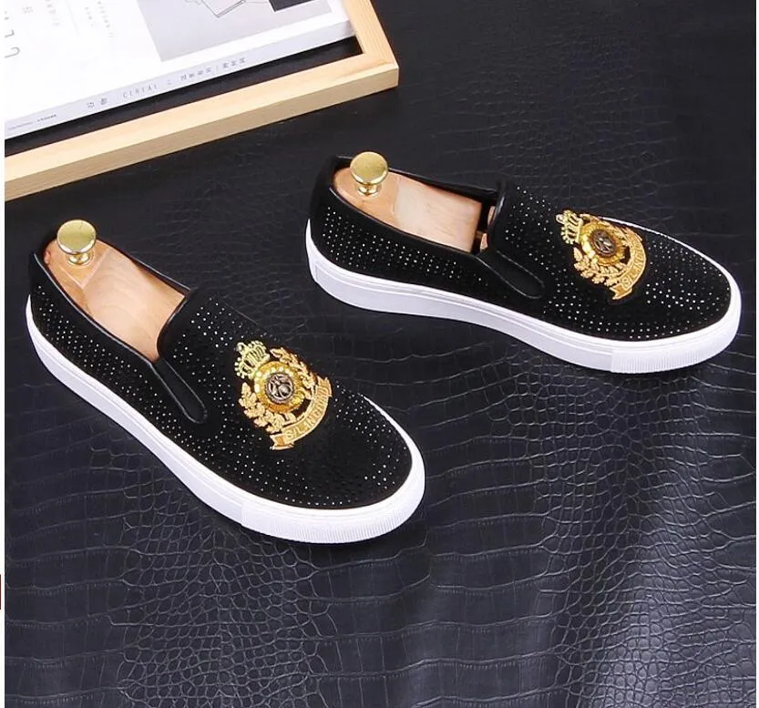 2020 New luxury Dandelion Spikes Flat Leather Shoes Rhinestone Fashion Men embroidery Loafer Dress Shoes Smoking Slipper Casual shoe