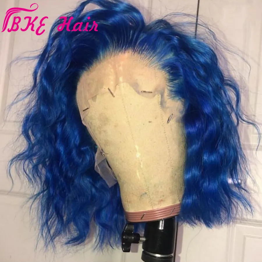 Nieuwe Dark Blue Natural Wave Korte Bob Hand Gebonden Synthetisch Kant Pruik Lijmloos Hittebestendig Vezel Haar voor Vrouwen Pruiken