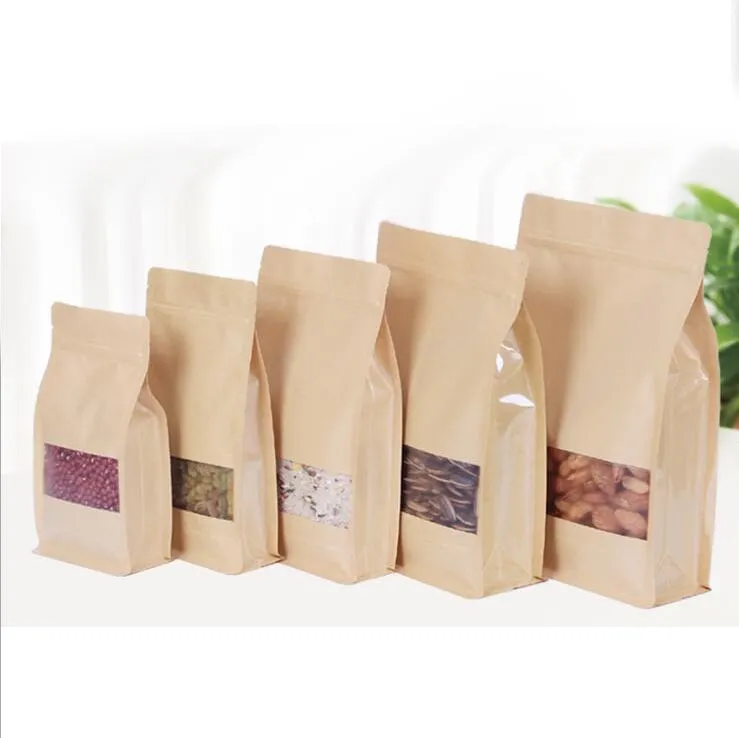 Octagonal Bag Thicken Stand Up Kraft Paper Zip Bags for Coffee Nuts Snack Tea Packaging Storage Pouches with Frosted Window