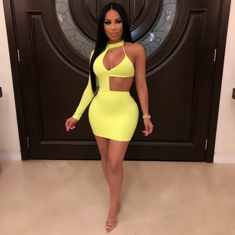 Sexy One Shoulder Neon Yellow Red Cutout Pencil Dress for Summer Parties