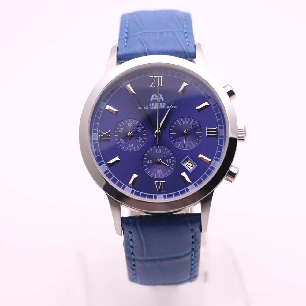 Goedkope AEHIBO Quartz Batterij Romeins Aantal Uur Markers Heren Horloge Horloges 43 MM Blauwe Wijzerplaat Chronograaf Hardlex Horloges Lederen Band