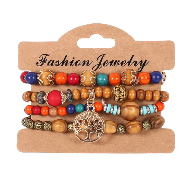 4 pçs / lote Vintage Árvore de vida Charm Bracelets para mulheres grânulos de madeira de madeira elasticidade cadeias pulseira moda boêmio jóias