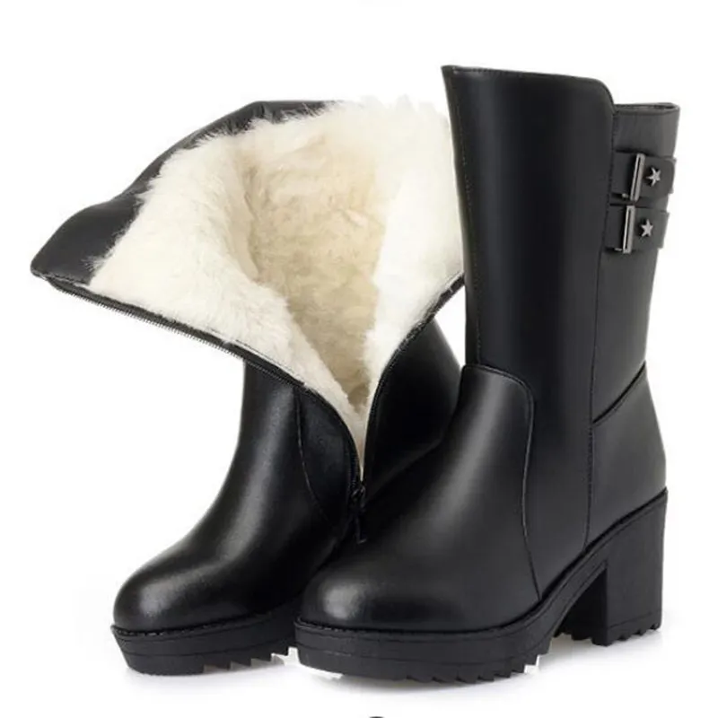 Hot Koop 2021 Nieuwe Modieuze Winter Dames Schoenen Top Koeienhuid Leren Laarzen Warme Pluche en Wol Snow Boots Square Heel Knight Boots