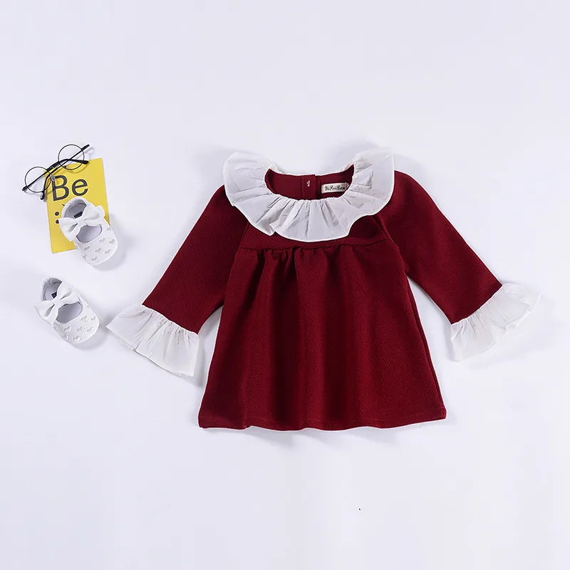 Meninas do bebê Ruffle gola de renda vestido de crianças Puff Sleeve vestidos de princesa 2019 primavera outono Moda boutique Crianças Roupas C5694