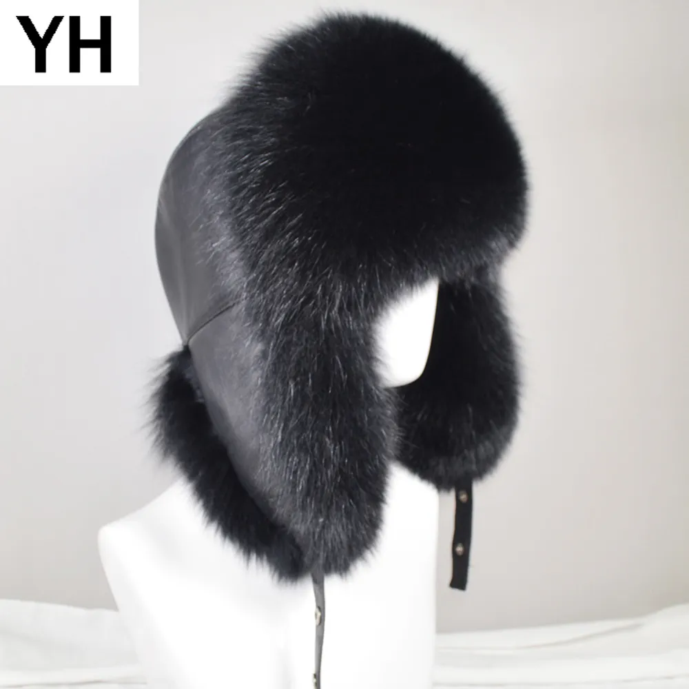 Mannen Buiten Winter Natuurlijke Real Fox Bont Bommenwerpers Hoeden Warme Zachte Kwaliteit Real Wasbeer Bont Cap Luxe Real Sheepskin Leather Hat Y200110