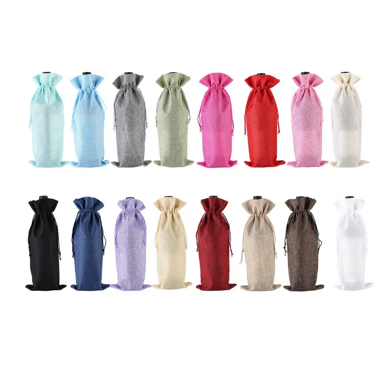 18 Colors Linen Drawstring Wine Bags Dustproof Wine Bottle Packaging Bag Champagne Pouches Party Gift Wrap WCW566