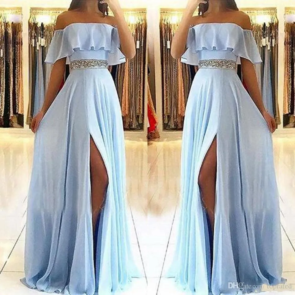 Élégant bleu ciel clair sexy une ligne robes de bal hors épaule perles ceinture femmes longue fente latérale en mousseline de soie 2019 robes de soirée sur mesure