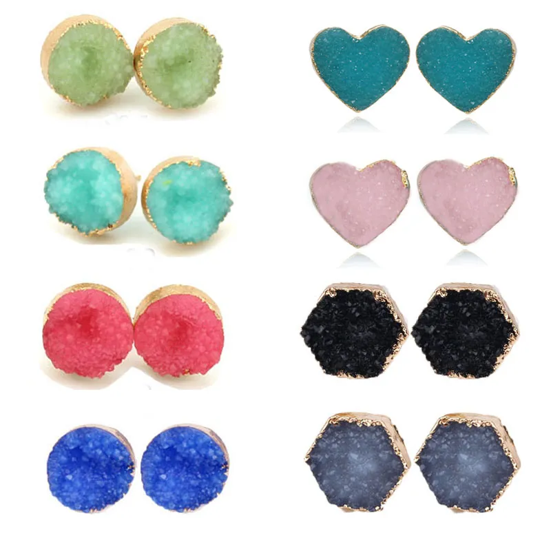 Fashion 10mm 13mm Handmade Druzy Trendy Jewelry Womens Simple Gold Filled Round Heart Hexagon Drusy Wholesaling Resin Stone Stud Earring