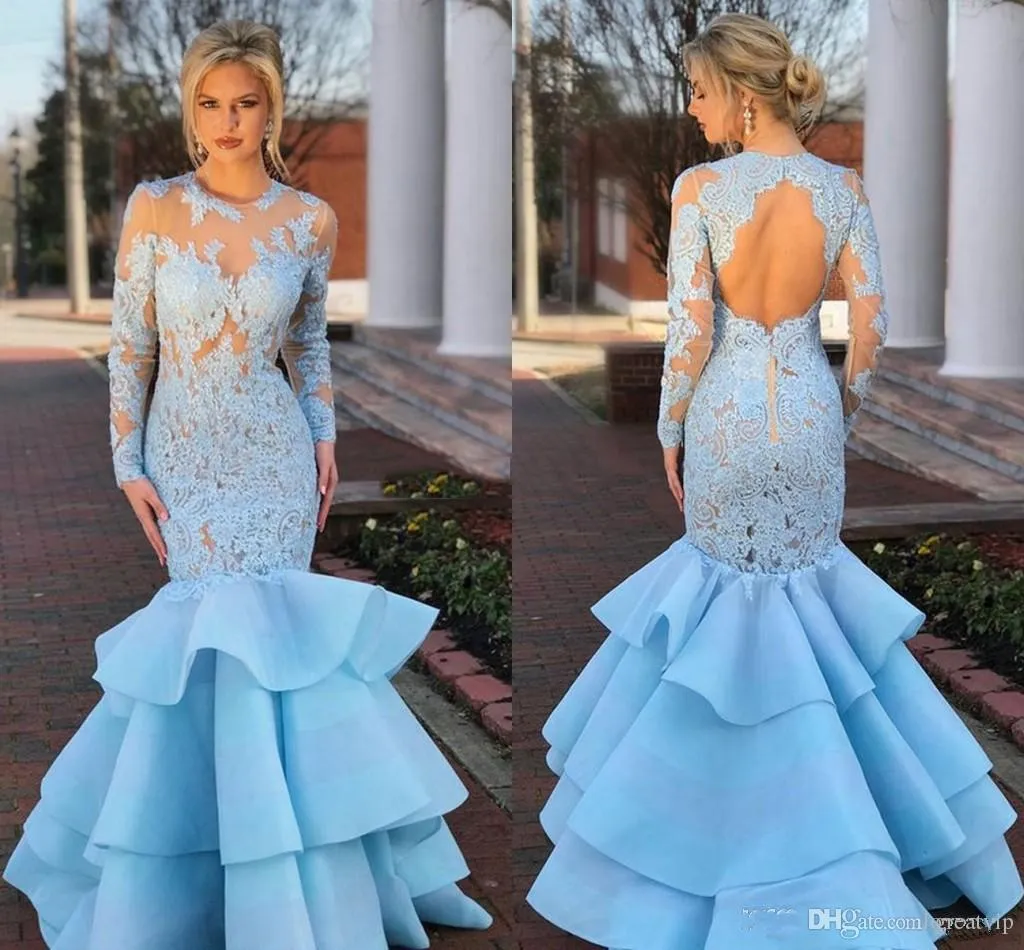 Sky Blue Mermaid Avondjurken Kant Lange Mouwen Caftan Ruches Hollow Prom Gowns Plus Size Speciale Gelegenheid Formele Feestjurk