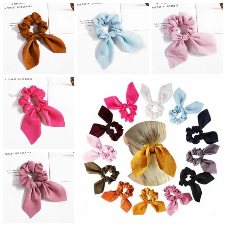 Oreilles de Lapin de Pâques Bande de Cheveux Chouchou Ruban Élastique Heandbands Bow Écharpe Cordes en Caoutchouc Solide HairBand Filles Accessoires de Cheveux 15 Couleurs ZYQ38