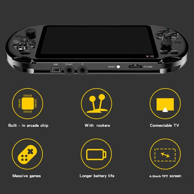 X12 Handheld Game Player 8 GB de memória Consoles de videogame portáteis com tela colorida de 5 1 polegada Suporte para cartão TF 32 GB MP3 MP4 Player MQ2575