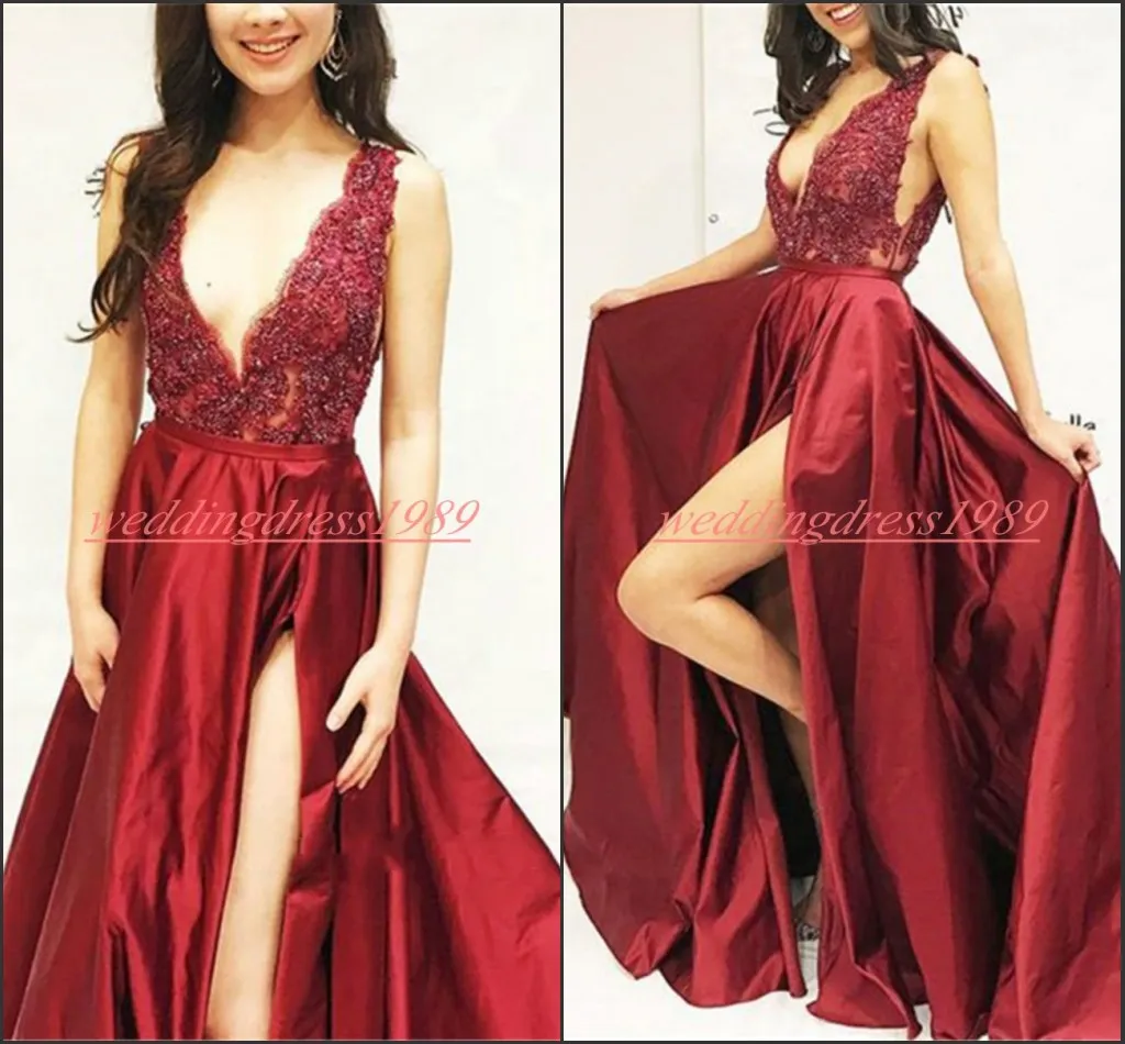 Élégant Deep V-Neck High Split Robes De Bal Dentelle 2019 Satin A-Line Africain Robe De Soirée Celebrity Pageant Occasion Spéciale Robes De Soirée