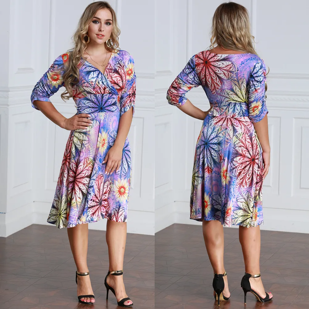 Mode-2019 Nieuwe Mode Vrouwen Plus Size Jurk Kleurrijke Floral Print V-hals Half Mouw Midi Slank Elegant Werk Kantoor uit één stuk Paars