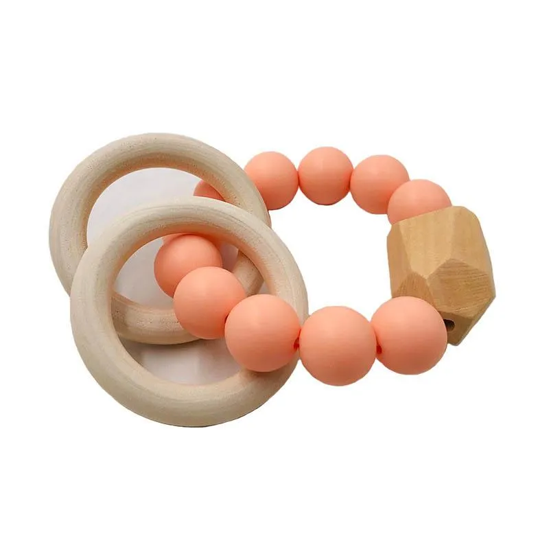 2021 neue Natürliche Holz Ring Beißringe für Baby Gesundheit Pflege Zubehör Säuglings Finger Übung Spielzeug Bunte Silikon Perlen Schnuller
