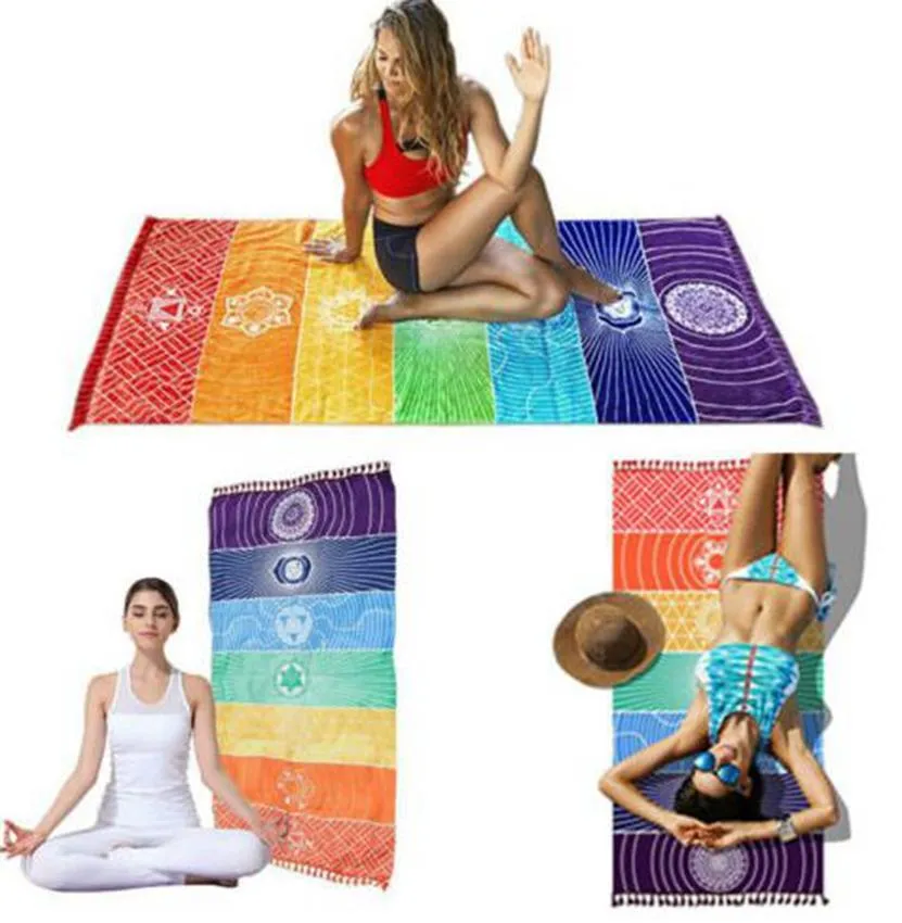 150 * 75cm Polyester Chakra Tapestry Yoga Rug Chakras Tassel Striped Golvmatta Sarongs Beach Wall Hängande Travel Shawl KKA7880N