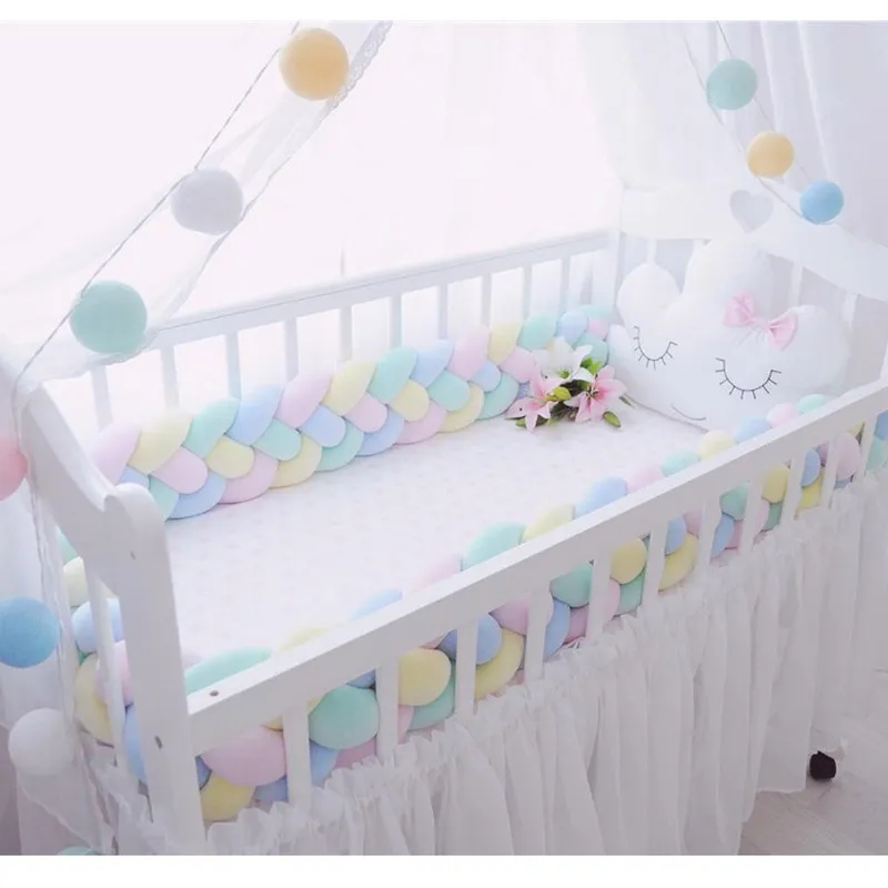 300 CM länge babybett Protector knoten Baby Bett Stoßstange Weben Plüsch Krippe kissen Für Neugeborene vier gebunden seil bett stoßstange