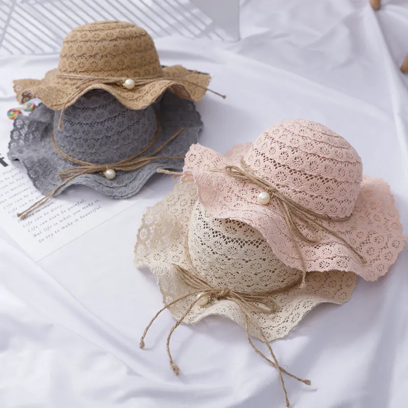 Cute Lace Summer Sunhats Baby Girls Wave Brim Beach Cap Children Sun Visor Hat With Bow Pearl Kids Foldable Sun Hat New