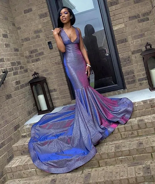 Purple Sequined Mermaid Mermaid Purple Prom Dress for Black Girls with Deep V-Neck and Court Train - Perfect for Evening Wear and Special Occasions