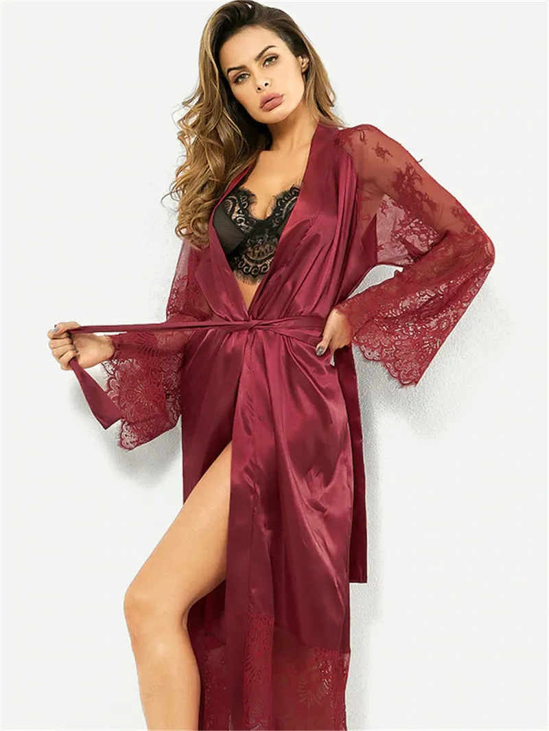 Sexy Women Long Lace Robe Sleepwear Bridal Night Gown Babydoll