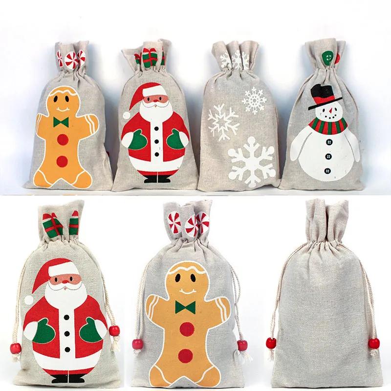 Decorazione natalizia Borsa per regali con coulisse Borsa per Babbo Natale Fiocco di neve Pupazzo di neve Renne Borsa per feste di compleanno in tela da imballaggio WX9-1536