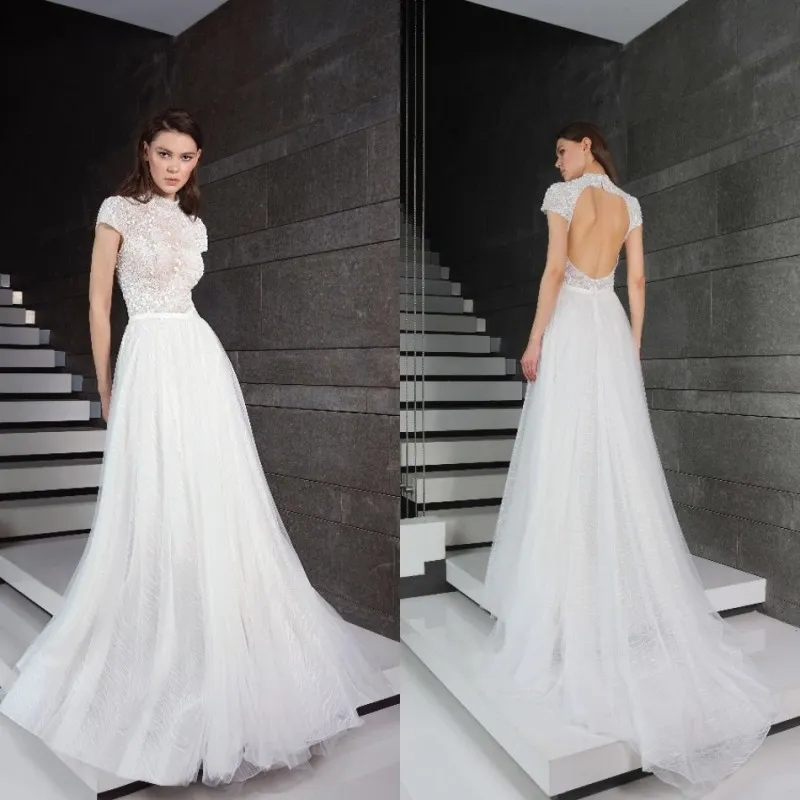 Tony Ward 2019 Bröllopsklänningar High Neck Short Sleeve Lace Bridal Gowns Sexig Backless A-Line Bröllopsklänning Vestidos de Noiva