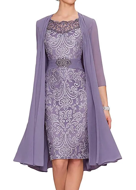 Stylish 2019 Silver Wedding Outfits for Mothers with Chiffon Jacket, Lace Beading, and 3/4 Sleeves - Plus size, Knee Length, Two-Piece Evening Gown