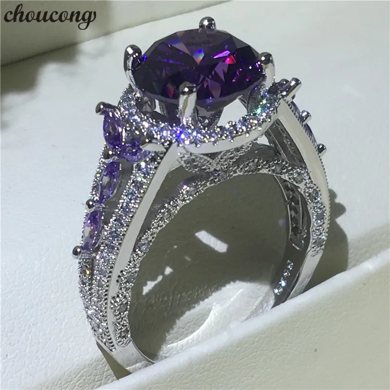 Choucong Hollow Flower Ring 925 Sterling Zilver 4CT Paars 5A CZ Jubileum Wedding Band Ringen voor Dames Vinger Sieraden