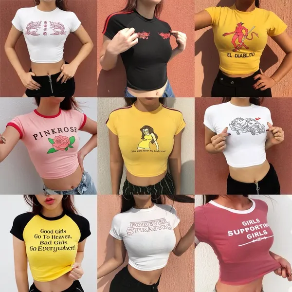 Kude Kvinnor Kort Tight T-shirt Streetwear Crop Top Print Brev Tryckt Tätt Monteringsgrödor Top Rund Neck Kortärmad 5822