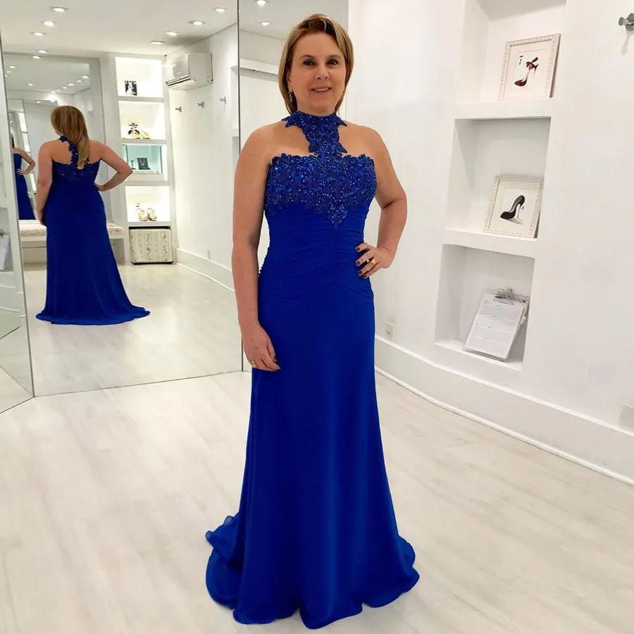 Blue Coluna Mãe com madremo de noiva Vestidos de noiva Vestidos de noite de lantejacos comprimento do chão Plus Tamanho CHIFFON PLEIT WEDLEND Dress 407