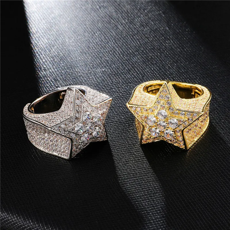 Personalizzato placcato oro 18 carati CZ Cubic Zirconia Star Ring Hip Hop Bling Anelli Gioielli con diamanti per uomo 24mm Taglia da 8 a 11