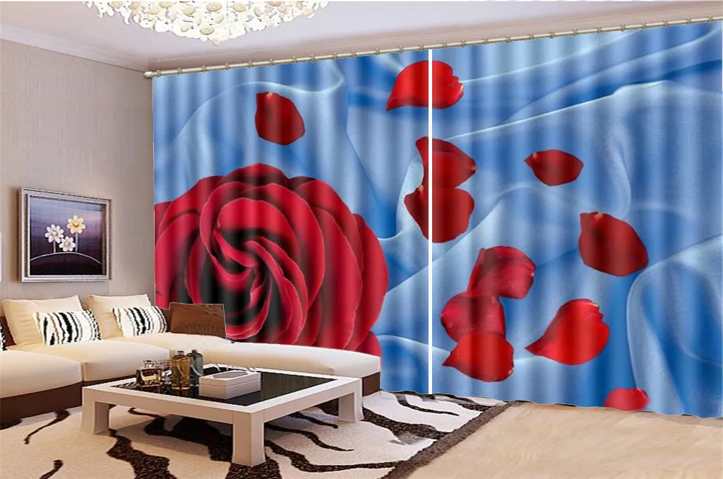 3d Curtain Window Promotion Blue Silk Red Rose Room Living Room Bedroom Beautiful Practical Blackout Curtains