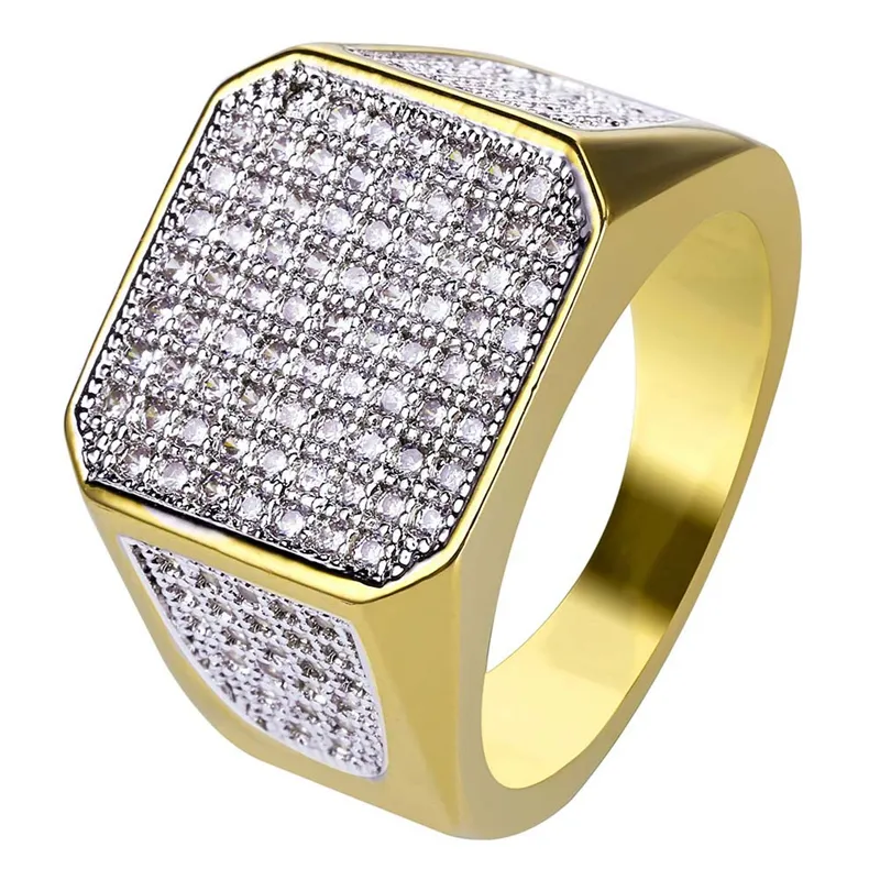 High Grade New Design Gold Plated 3A Cubic Zirconia Rings Men's Hip Hop Iced Out Micro CZ Ring Gold Plated Brass Jewelry