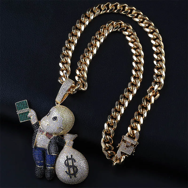 New Personalized 18K Gold Plated Hip Hop Cartoon Boy with Big Money Bag Pendant Necklace ed Chain Iced Out CZ Zirconia Jewelr317u