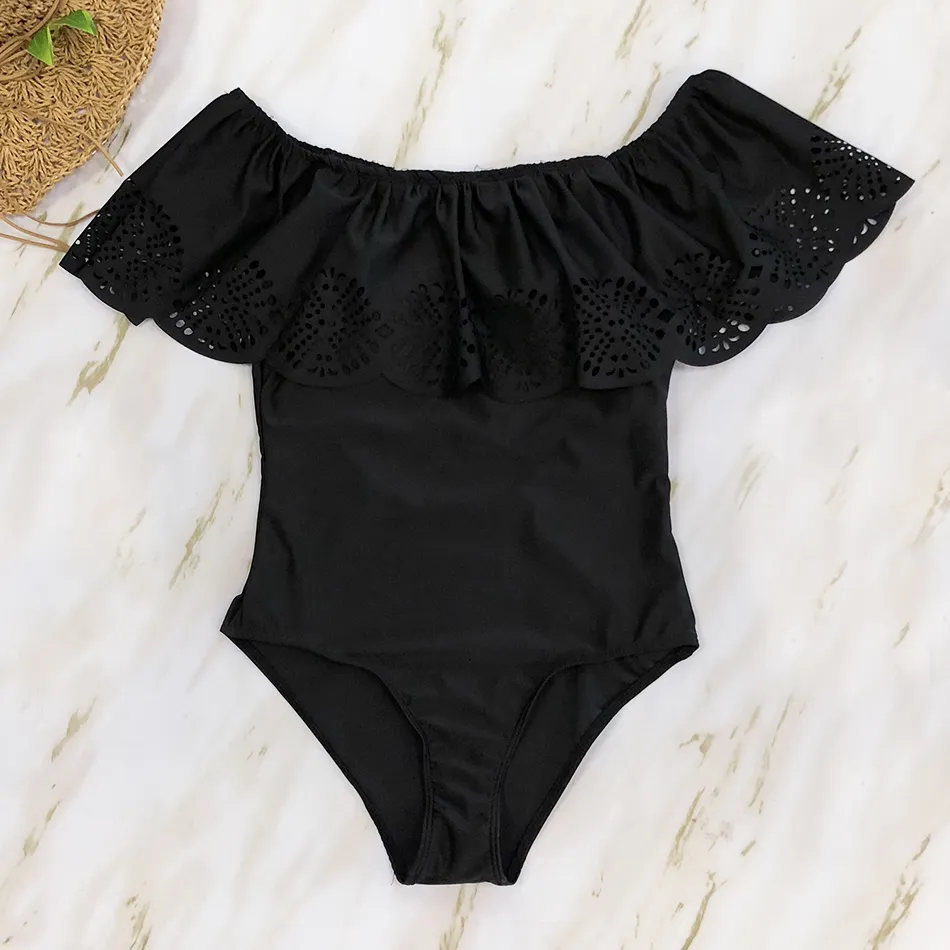 Black Lace Flounce Off Shoulder Monokini Strapless One Piece