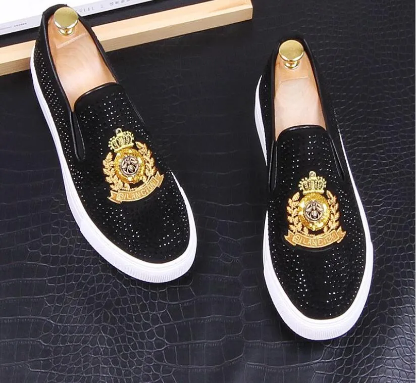 2020 New luxury Dandelion Spikes Flat Leather Shoes Rhinestone Fashion Men embroidery Loafer Dress Shoes Smoking Slipper Casual shoe