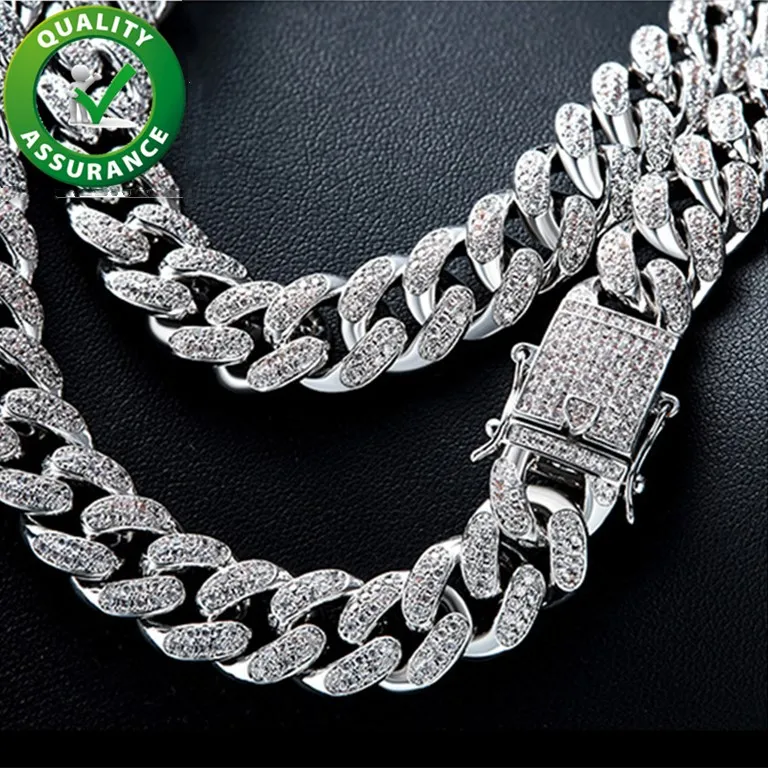 Kubanische Gliederkette Euro Out Herren Halskette Hip Hop Schmuck Luxus Designer Silber Halsketten Rapper Bling Diamantketten 12mm Hiphop Zubehör