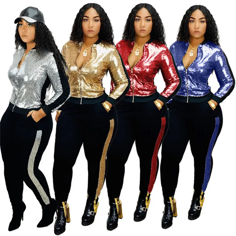 Taille plus taille 3xl femmes paillettes survassement 2 pièces set veste hivernale Top + pantalon tenue décontractée en plein air