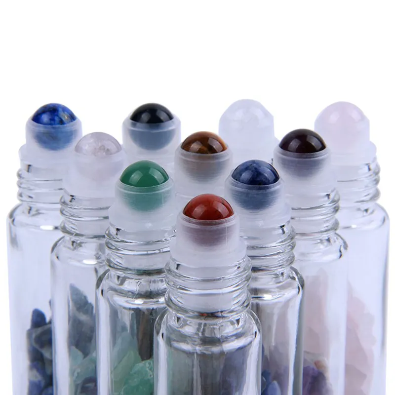 10ML Natural Semiprecious Stones ssential Oil Gemstone Roller Ball Bottles Clear Glass Healing Crystal Chips