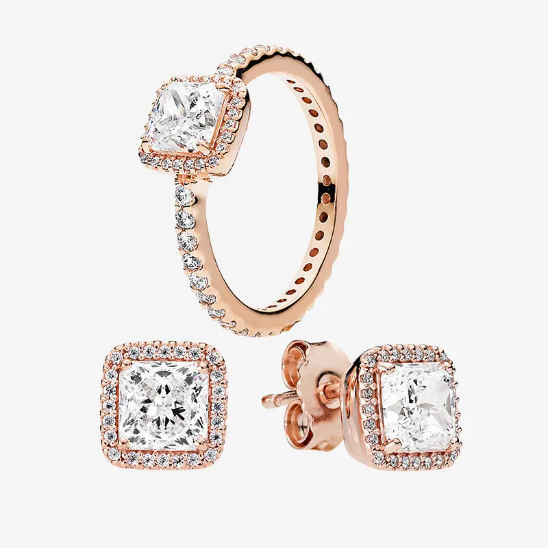 Square CZ diamond elegant RING and EARRING set Rose gold for Pandora Real 925 Silver Wedding Rings Stud Earring with Original box