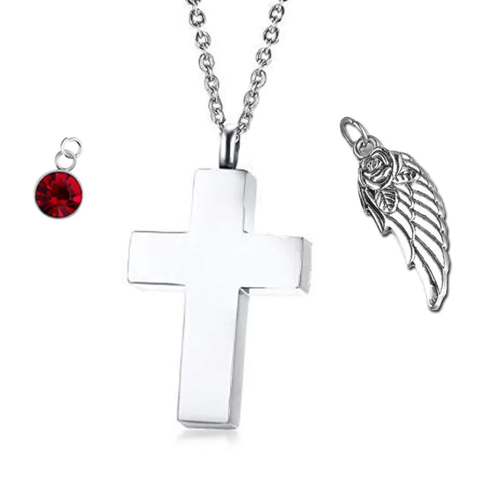 Personalized Angel wings Cross Necklace Birthstone Name Pendant Cremation Urn Necklace Custom Jewelry