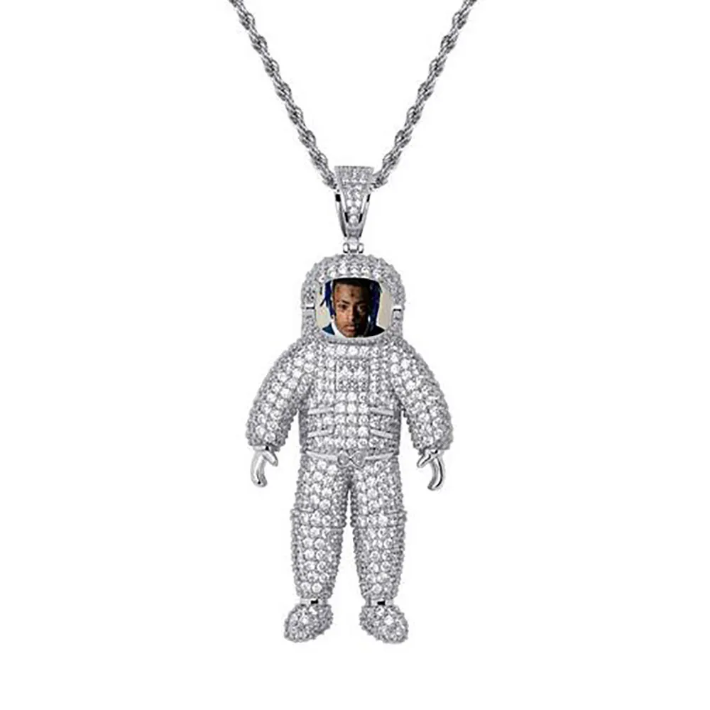 Custom Made Astronaut Naszyjnik Wisiorek Iced Out Spaceman Z 3mm Lina Łańcuch Srebrny Złoty Kolor Cyrkon Mężczyźni Naszyjnik Hiphop