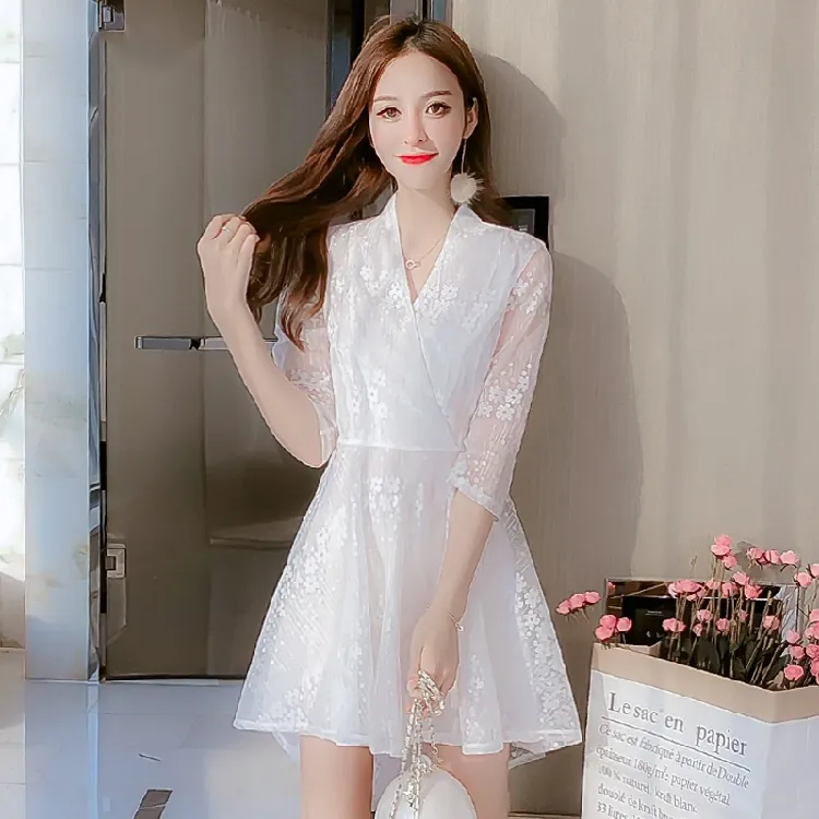 Lace stitching flower pattern sweet lady dresses holiday beach V-neck short party dress summer women Slim Chiffon vestido Sexy gown