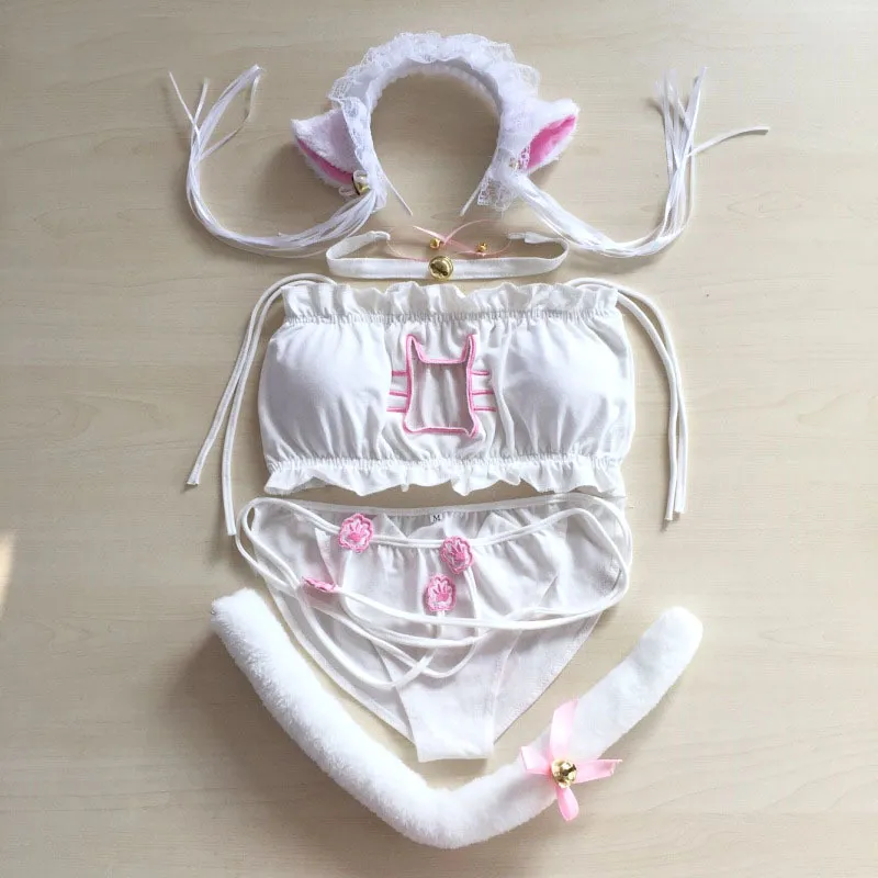 Womens Cat Girl Sexy Lingerie Set Open Chest Embroidery Underwear Thong  Choker