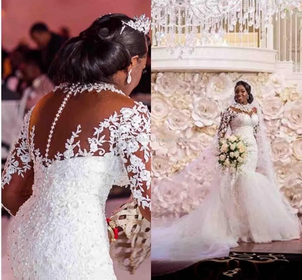 2020 nouvelle fille noire africaine grande taille sirène dentelle robes de mariée à manches longues col haut princesse Vintage robes de mariée Nigeria
