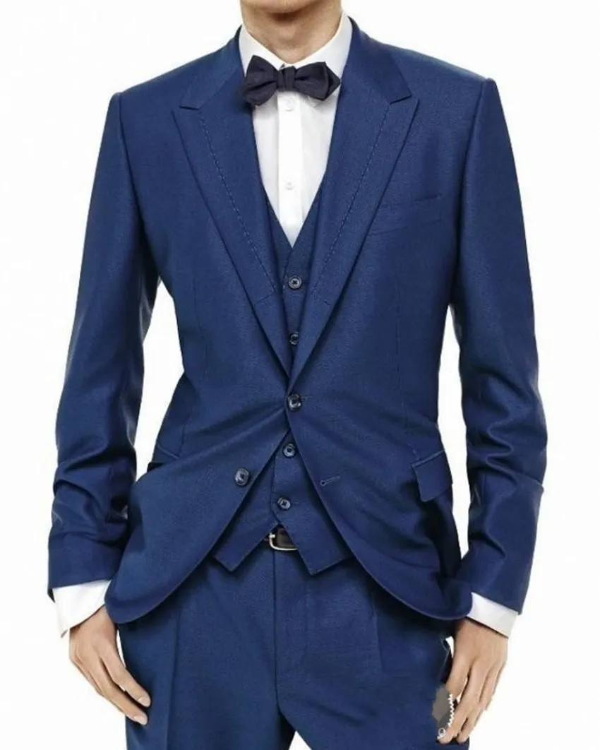 ファッションネイビーブルー新郎Tuxedosピークラペル新郎メンズウェディングドレス優秀な男ジャケットブレザー3ピーススーツ（ジャケット+パンツ+ベスト+ネクタイ）964