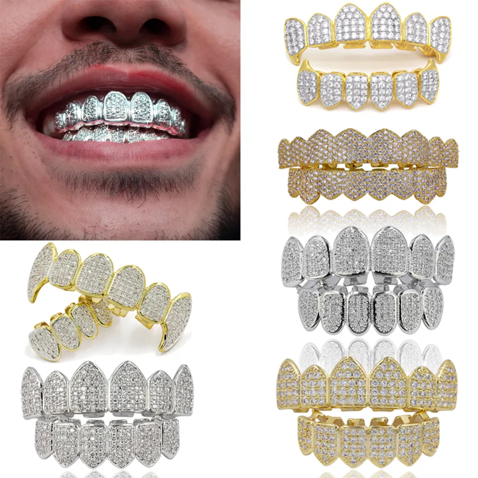 18K Echt Goud Punk Hiphop Tandheelkundige Mond Grillz Bretels Bling Kubieke Zirkoon Rock Vampire Tanden Fang Grills Bretels Tandkapje Rapper Sieraden voor Cosplay Feest Halloween