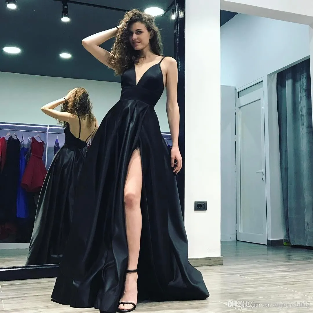 Simples Barato Sexy Profundo Decote Em V-A Linha de Vestidos de Baile Cintas de Espaguete Alta Fenda Longo Backless Tribunal Trem De Cetim Vestidos Formais À Noite