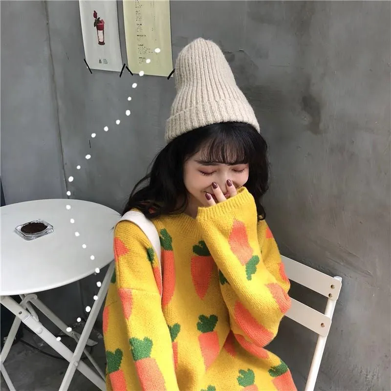 Suéteres de mujer Corea Mujeres O cuello Suéter de manga larga Lindo Kawaii Zanahoria Bordado Punto Impresión gruesa suelta Puentes