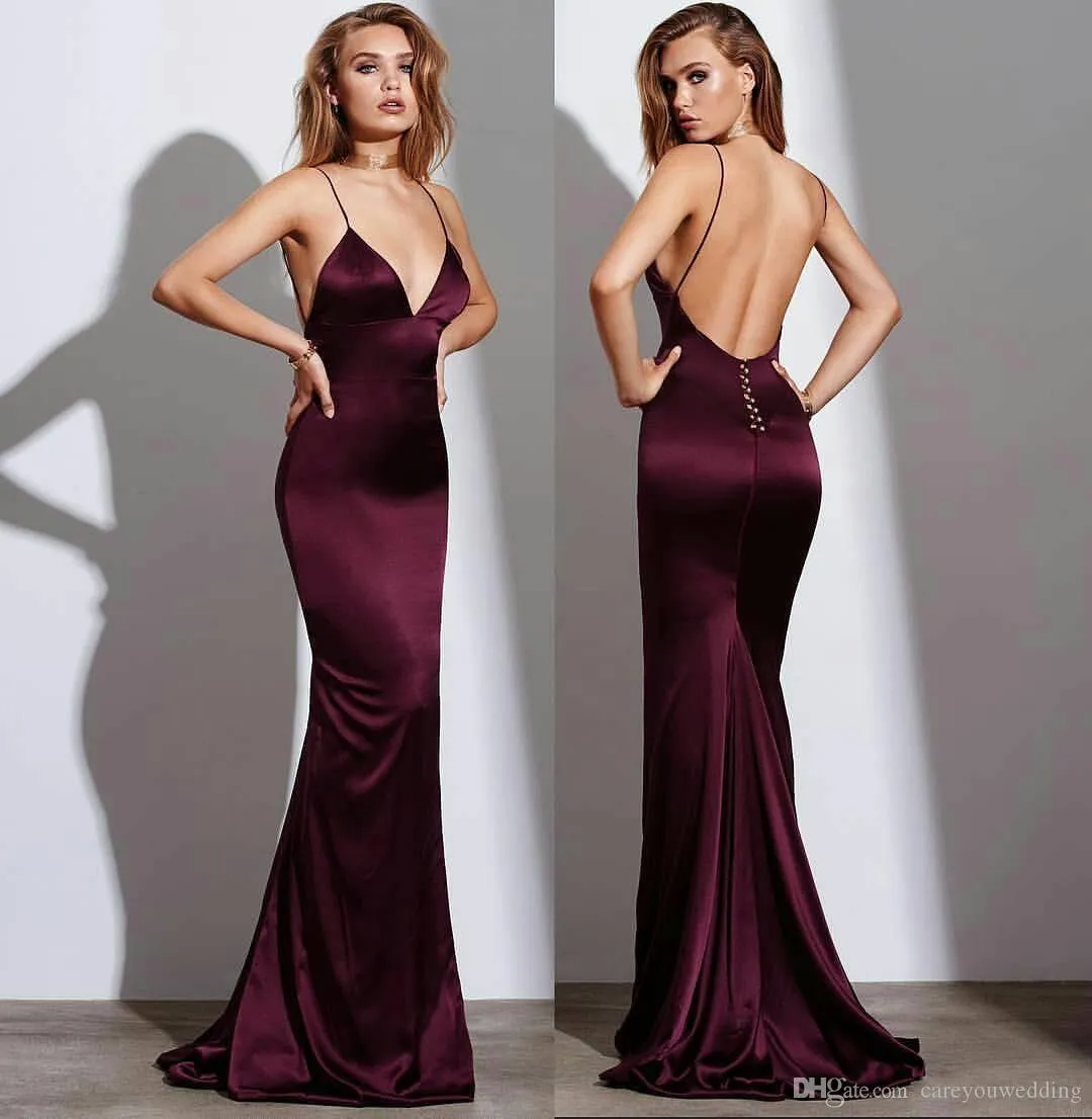 Último diseño Borgoña 2019 Sexy sirena vestidos de baile sin espalda correas de espagueti elegante vestido de noche vestido formal vestidos de baile Halter Hollow