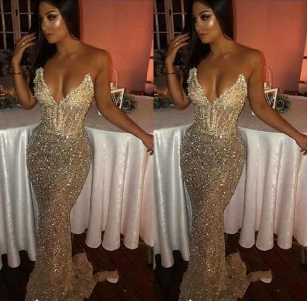 Shiny Bling Sequins Mermaid Prom Dresses Sleeveless Light Champagne Deep V Neck Sweep Train Evening Gowns